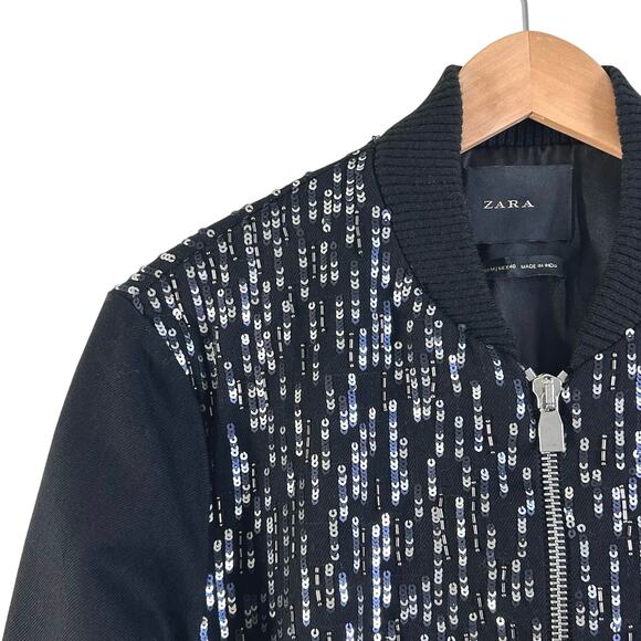 Zara Sequin Bomber Jacket Full Zip Black Denim - Picture 9 of 16